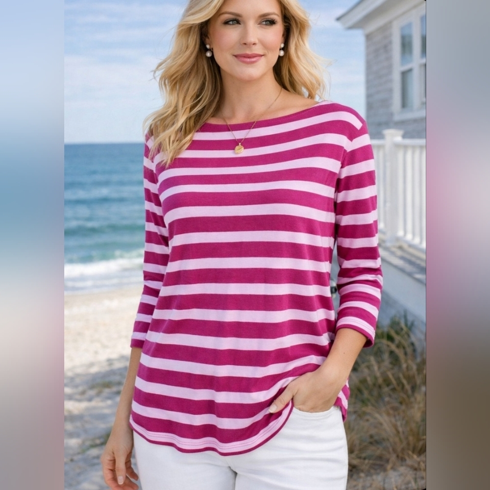 Talbots Size 2X Casual Pink Stripe Nautical Boatneck Cotton Blouse Coastal Chic - Picture 10 of 10